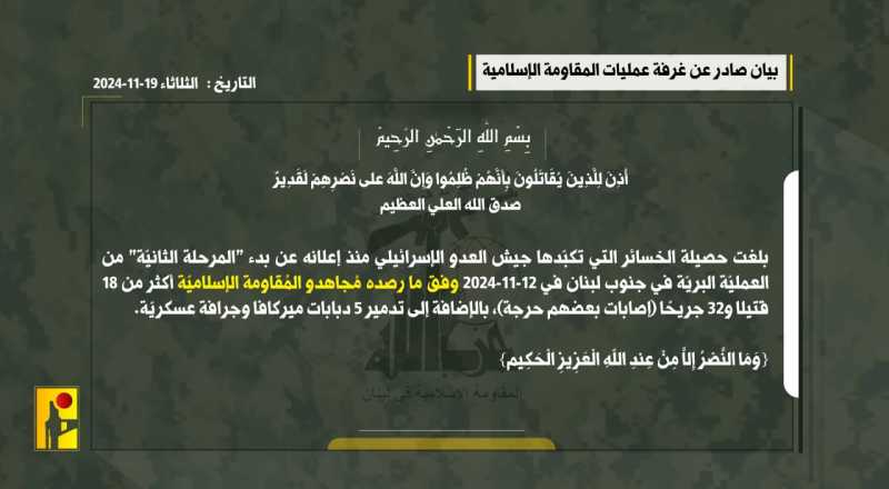 بيان صادر عن غرفة عمليّات المُقاومة الإسلاميّة حول التطورات الميدانيّة لمعركة "أولي البأس"