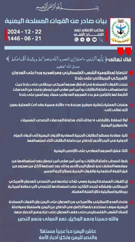  بيان القوات المسلحة اليمنية بشأن إفشال هجوم أمريكي بريطاني على بلدنا باستهداف حاملة الطائرات (تروما