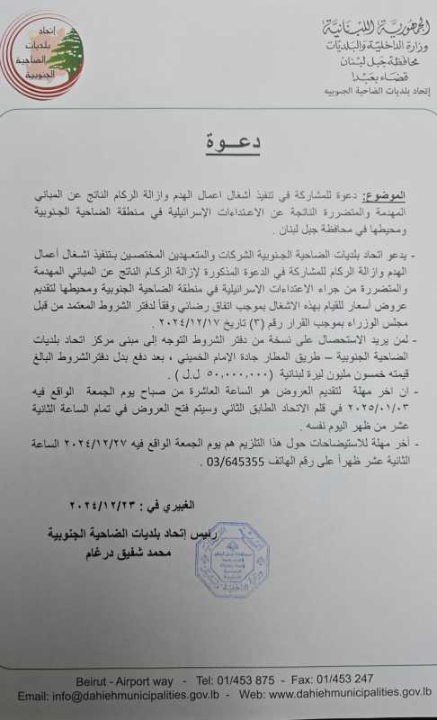 هام.. دعوة لمتعدي الاشغال بالتلزيم في الضاحية الجنوبية لبيروت ومحيطها