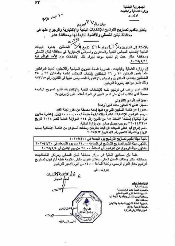 الداخلية تعلن عن تقديم تصاريح الترشيحات والرجوع عنها