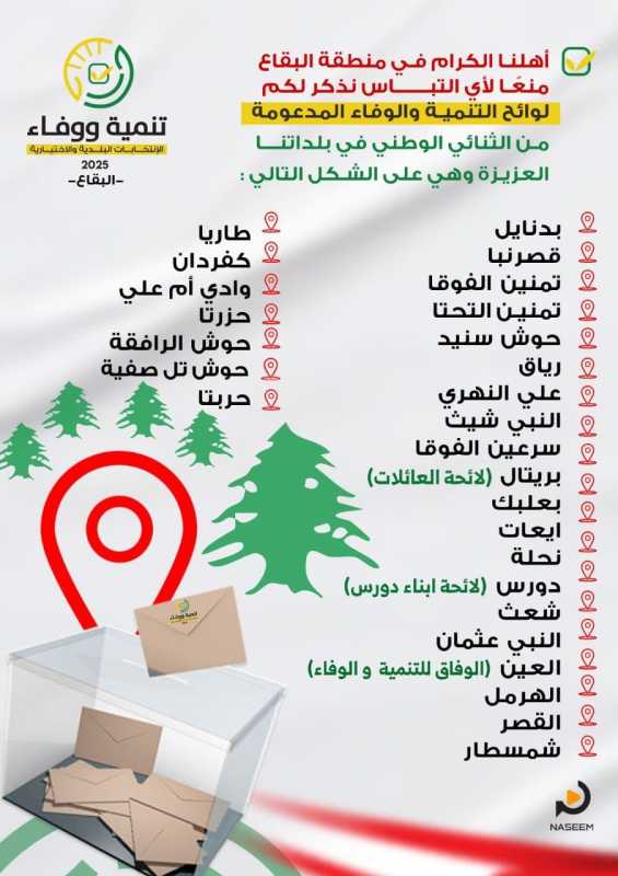 أهلنا الكرام في منطقة البقاع منعًا لأي التباس نذكر لكم لوائح التنمية والوفاء المدعومة من الثنائي الو