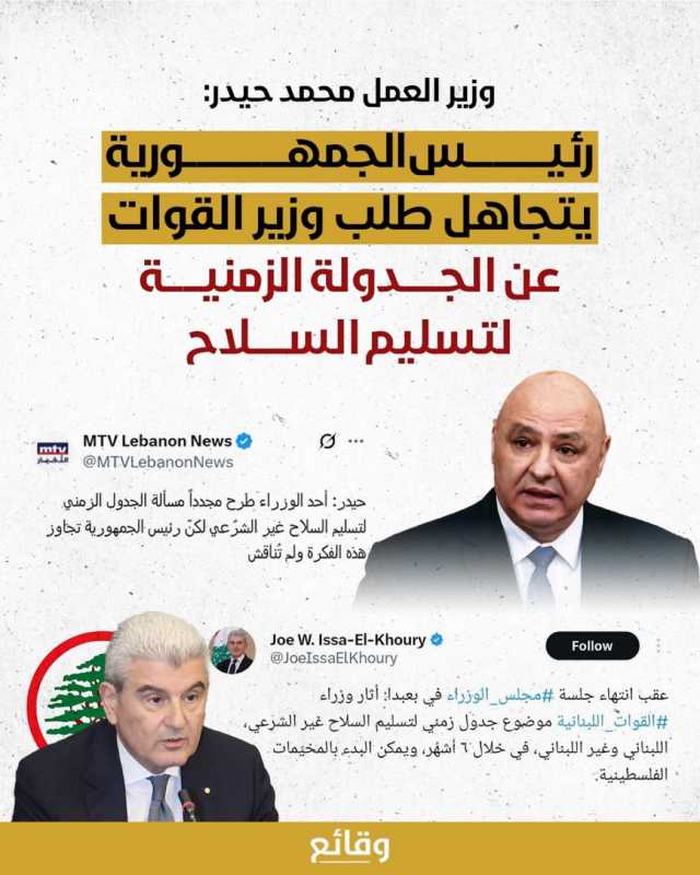 بحسب تصريح وزير العمل محمد حيدر فإنّ "رئيس الجمهورية تجاوز مسألة الجدول الزمني لتسليم السلاح ال