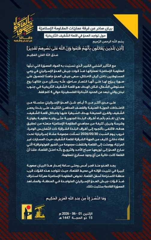 بيان صادر عن غرفة عمليّات المقاومة الإسلاميّة حول تواجد العدو في قلعة الشّقيف التّاريخيّة‏