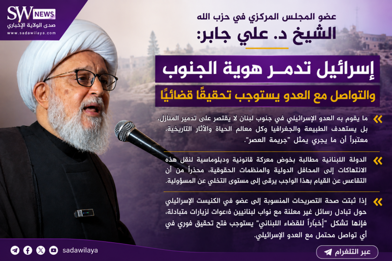 الشيخ د. علي جابر إسرائيل تدمر هوية الجنوب والتواصل مع العدو يستوجب تحقيقًا قضائيًا