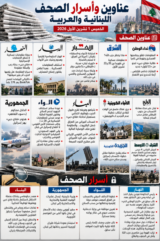 عناوين وأسرار الصحف اللبنانية والعربية الصادرة الخميس 1 تشرين الأول 2026 عناوين وأسرار الصحف اللبنانية والعربية الصادرة الخميس 1 تشرين الأول 2026