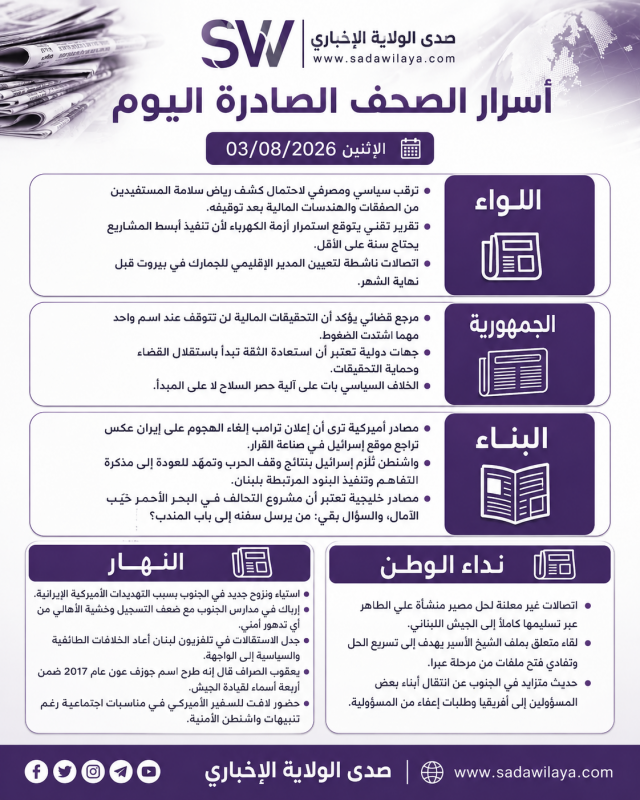 أسرار الصحف الصادرة اليوم الإثنين 3 آب 2026