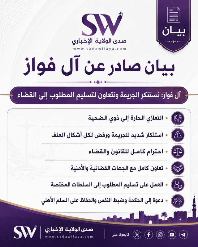 حول حادثة بلدة تعلبايا البقاعية  بيان لآل فواز نستنكر الجريمة ونتعاون لتسليم المطلوب إلى القضاء