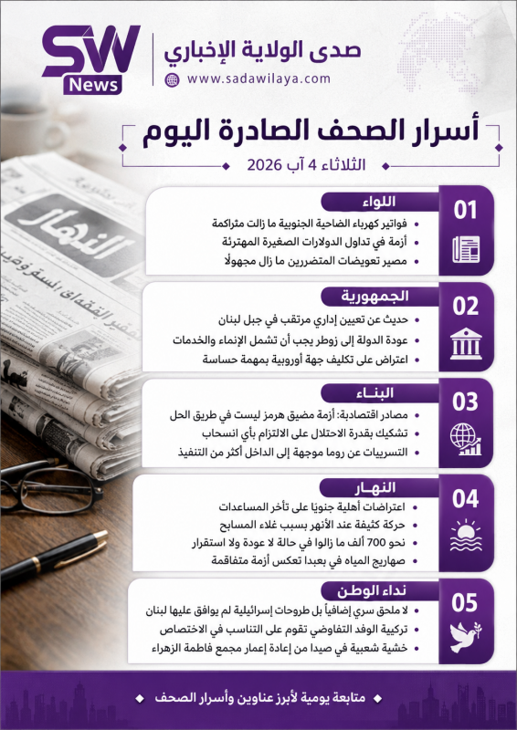 أسرار الصحف اللبنانية الصادرة اليوم الثلاثاء 4 آب 2026