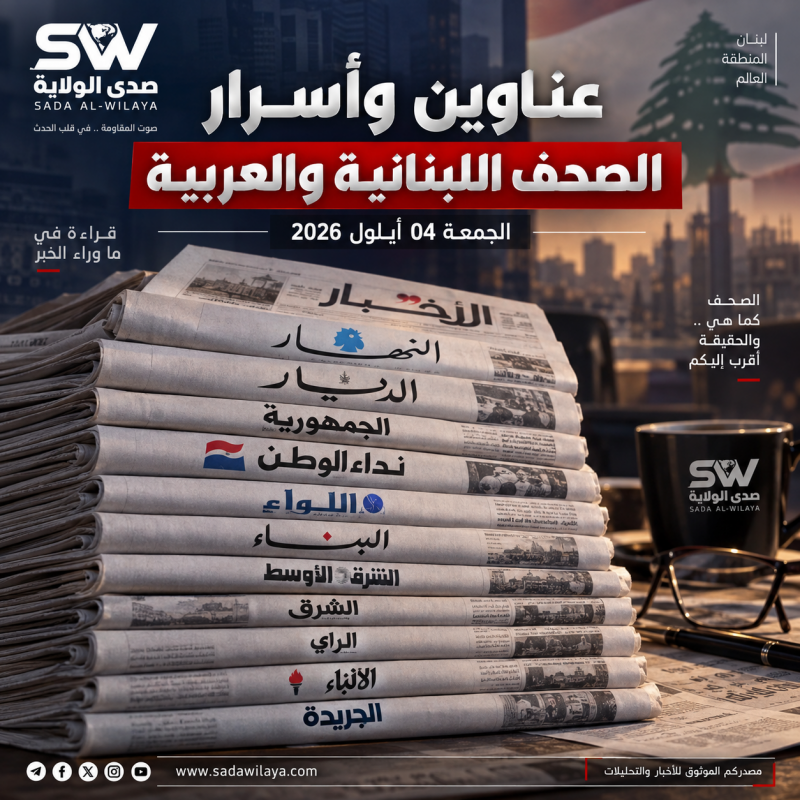 عناوين وأسرار الصحف اللبنانية والعربية الصادرة اليوم الجمعة 4 أيلول 2026 عناوين وأسرار الصحف اللبنانية والعربية الصادرة اليوم الجمعة 4 أيلول 2026