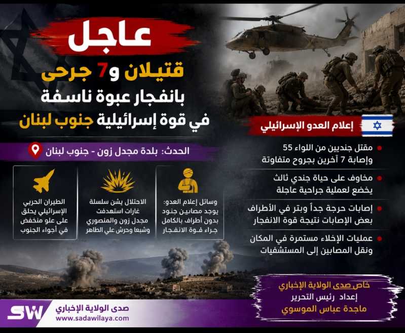 إعلام العدو قتيلان وجرحى بانفجار استهدف قوة إسرائيلية في مجدل زون والاحتلال يرد بسلسلة غارات على الج