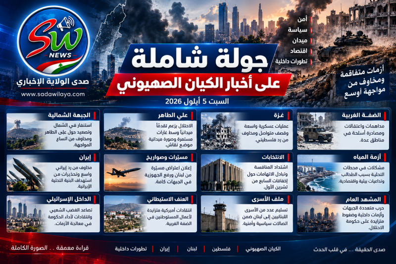 جولة شاملة على أبرز أخبار وتطورات الكيان الصهيوني اليوم السبت 5 أيلول 2026 جولة شاملة على أبرز أخبار وتطورات الكيان الصهيوني اليوم السبت 5 أيلول 2026