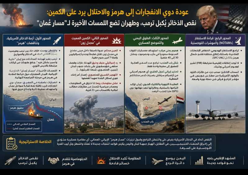 عودة دوي الانفجارات إلى هرمز والاحتلال يرد على الكمين نقص الذخائر يُكبل ترمب، وطهران تضع اللمسات الأ