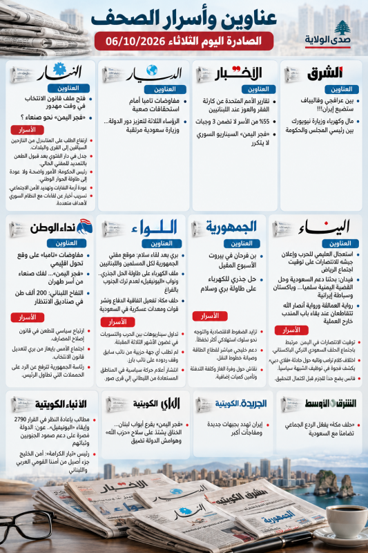 عناوين وأسرار الصحف اللبنانية والعربية الصادرة اليوم الثلاثاء 6 تشرين الأول 2026 عناوين وأسرار الصحف اللبنانية والعربية الصادرة اليوم الثلاثاء 6 تشرين الأول 2026