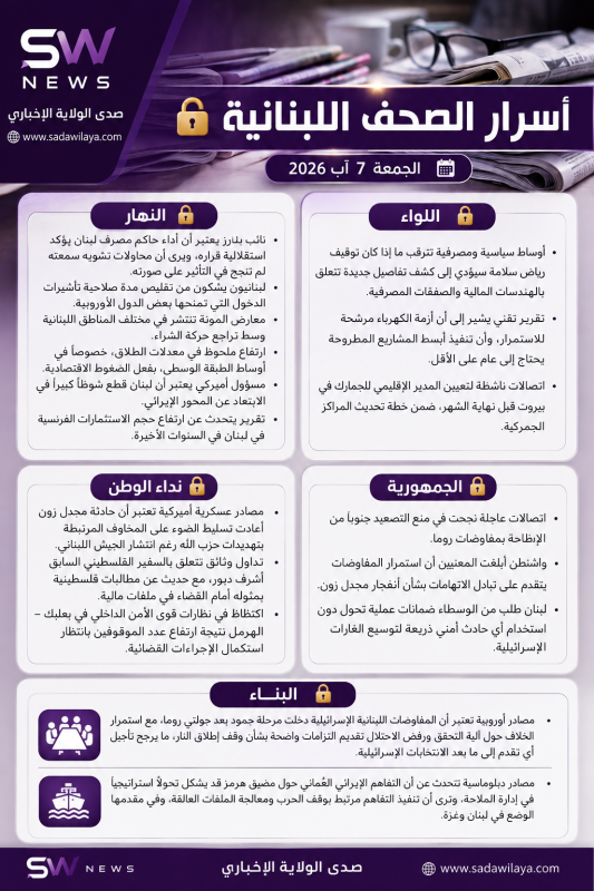 أسرار الصحف اللبنانية الصادرة اليوم الجمعة 7 آب 2026   أبرز الكواليس السياسية والأمنية