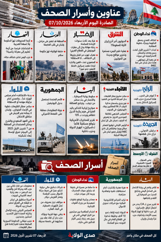 عناوين وأسرار الصحف اللبنانية والعربية الصادرة اليوم الأربعاء 7 تشرين الأول 2026 عناوين وأسرار الصحف اللبنانية والعربية الصادرة اليوم الأربعاء 7 تشرين الأول 2026
