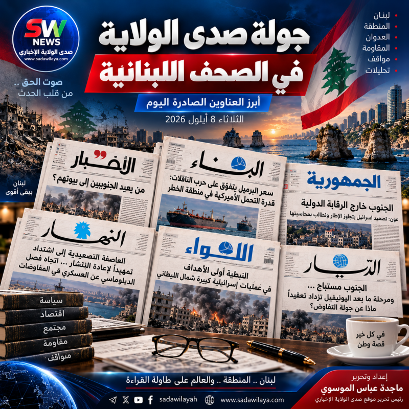 جولة صدى الولاية الإخباري في الصحف اللبنانية الثلاثاء 8 أيلولسبتمبر 2026