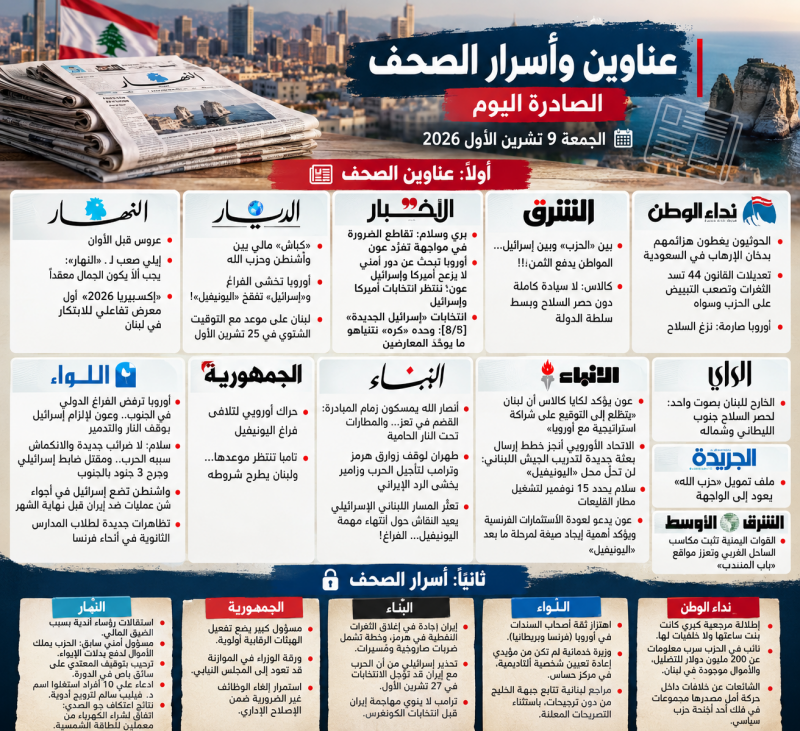عناوين وأسرار الصحف اللبنانية والعربية اليوم الجمعة 9 تشرين الأول 2026   أبرز التطورات السياسية والأ