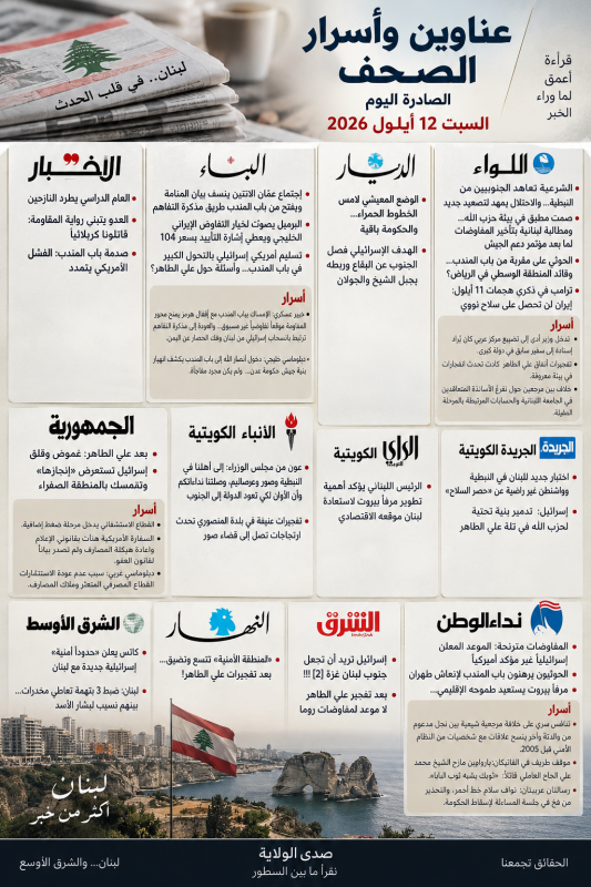 عناوين وأسرار الصحف الصادرة اليوم السبت 12 أيلول 2026 عناوين وأسرار الصحف الصادرة اليوم السبت 12 أيلول 2026