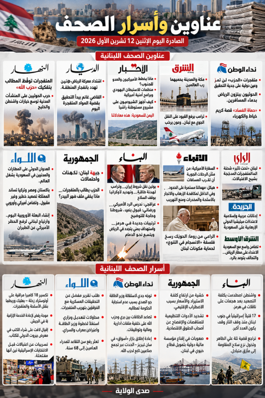 عناوين وأسرار الصحف اللبنانية والعربية اليوم الإثنين 12 تشرين الأول 2026   أبرز الملفات السياسية وال