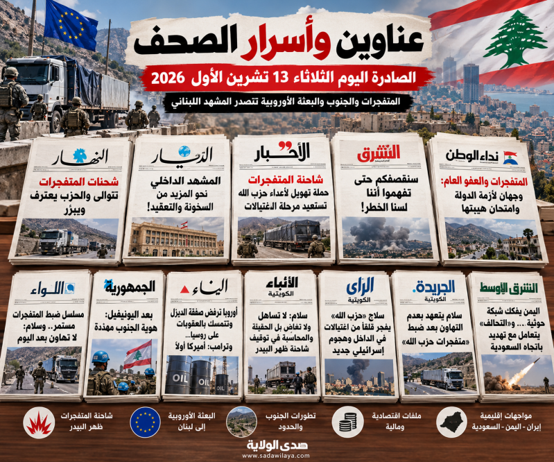 عناوين وأسرار الصحف اليوم الثلاثاء 13 تشرين الأول 2026 المتفجرات والجنوب والبعثة الأوروبية تتصدر الم