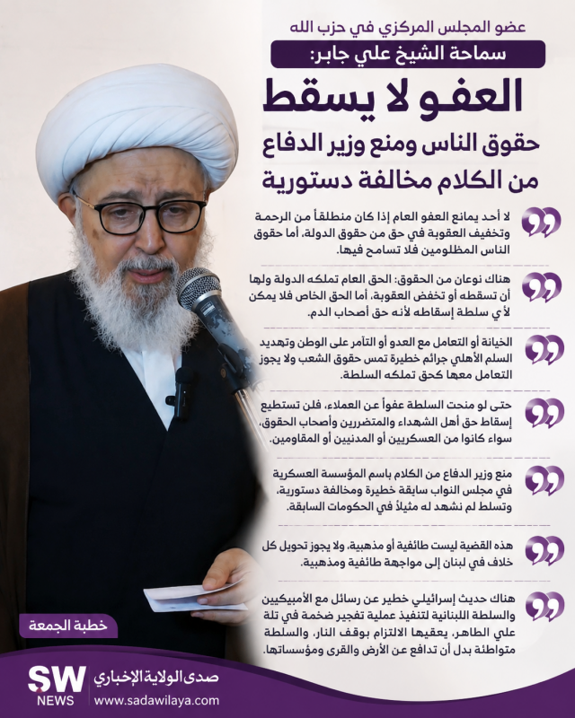عضو المجلس المركزي في حزب الله الشيخ الدكتور علي جابر العفو لا يسقط حقوق الناس ومنع وزير الدفاع من ا عضو المجلس المركزي في حزب الله الشيخ الدكتور علي جابر العفو لا يسقط حقوق الناس ومنع وزير الدفاع من ا