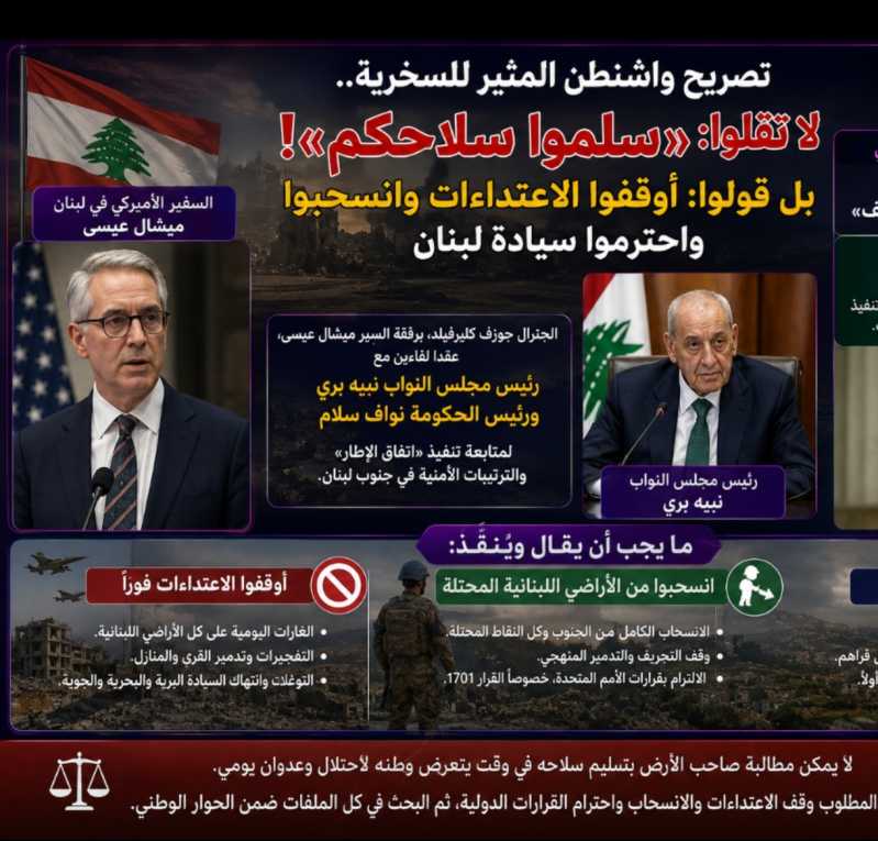 كليرفيلد يتحرك بين عين التينة والسراي.. واشنطن تربط وقف الاعتداءات بسلاح حزب الله وعون يتابع الوضع ا