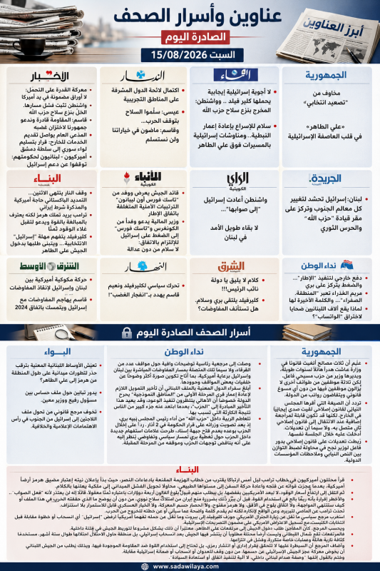 عناوين وأسرار الصحف اللبنانية اليوم السبت 15 آب 2026   صدى الولاية
