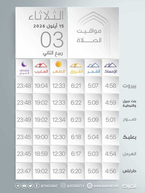 ⭕ المواقيت ليوم الثلاثاء ال 15 من أيلول 2026 الموافق ل 3 ربيع الثاني 1448ه‍‍