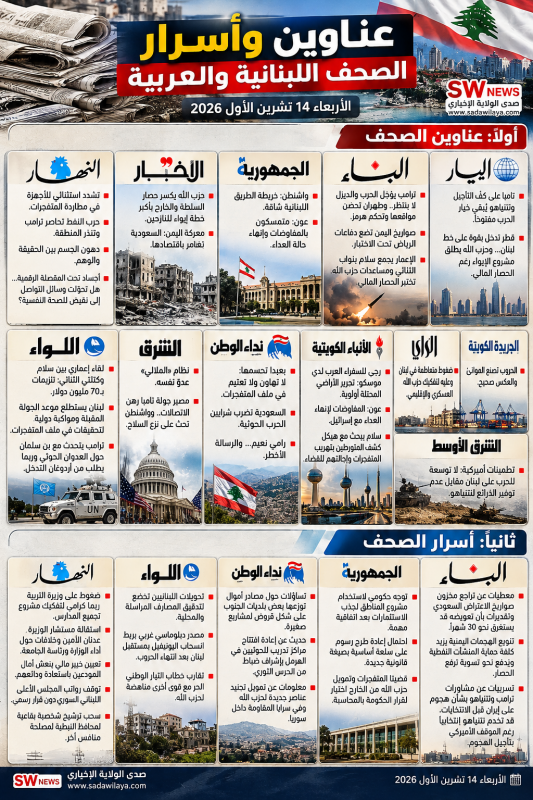 عناوين وأسرار الصحف اللبنانية والعربية اليوم الأربعاء 14 تشرين الأول 2026 ملف المتفجرات والإعمار وال