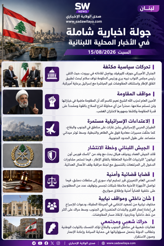 أخبار لبنان اليوم السبت 15 آب 2026 تحرك أميركي والجنوب وعلي الطاهر في الواجهة أخبار لبنان اليوم السبت 15 آب 2026 تحرك أميركي والجنوب وعلي الطاهر في الواجهة