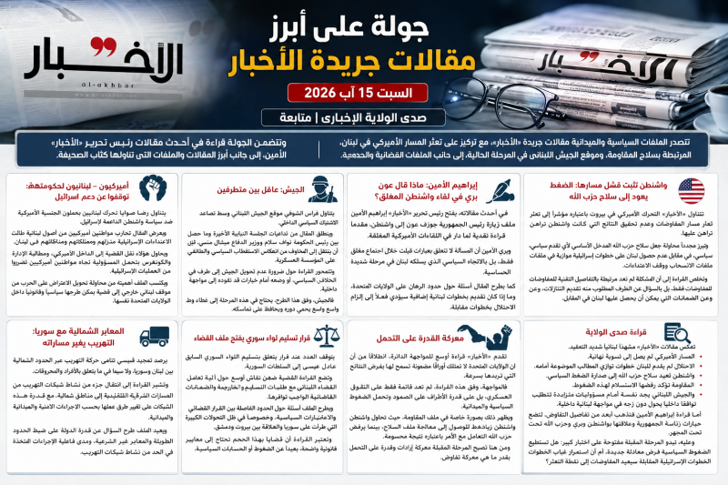 جولة على أبرز مقالات جريدة الأخبار السبت 15 آب 2026
