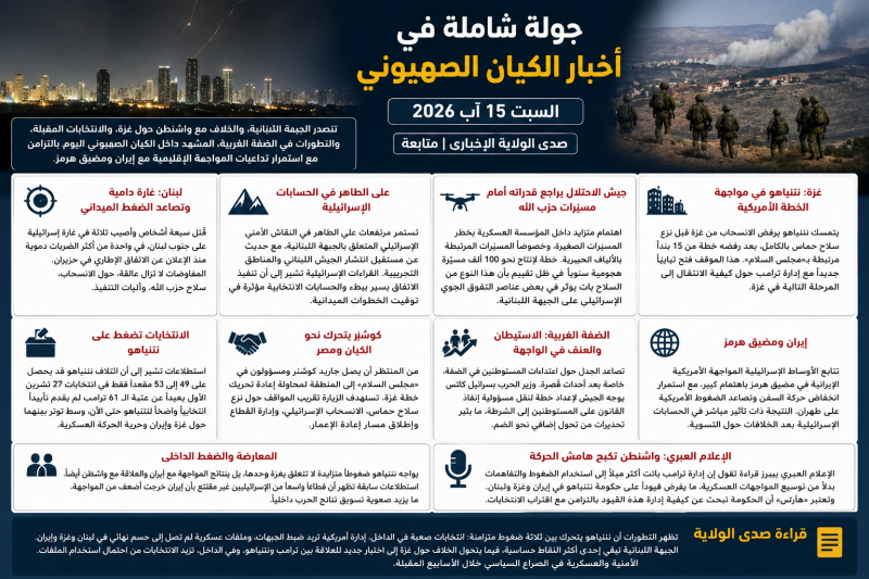 جولة شاملة في أخبار الكيان الصهيوني اليوم السبت 15 آب 2026 لبنان وغزة والانتخابات في الواجهة