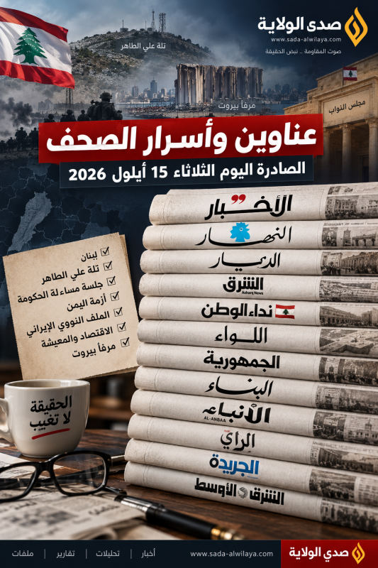 عناوين وأسرار الصحف الصادرة اليوم الثلاثاء 15 أيلول 2026 عناوين وأسرار الصحف الصادرة اليوم الثلاثاء 15 أيلول 2026