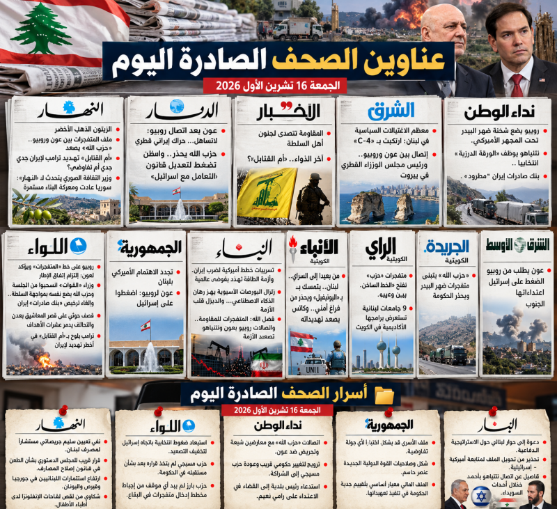 صحف الجمعة 16 تشرين الأول 2026 متفجرات ضهر البيدر تشعل السجال بين المقاومة والسلطة واتصال عون وروبيو