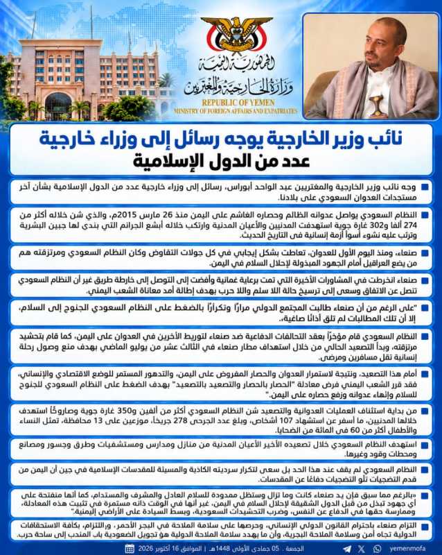 نائب وزير الخارجية يوّجه رسائل إلى وزراء خارجية عدد من الدول الإسلامية