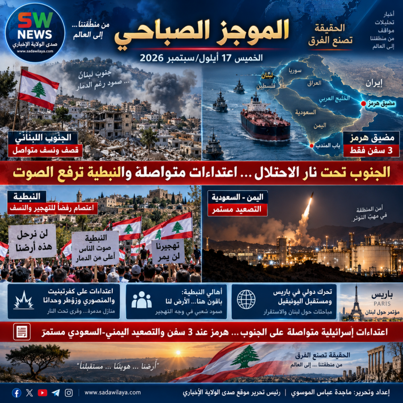الجنوب تحت نار الاحتلال… اعتداءات ونسف متواصل والنبطية ترفع الصوت   هرمز عند 3 سفن والتصعيد اليمني–ا