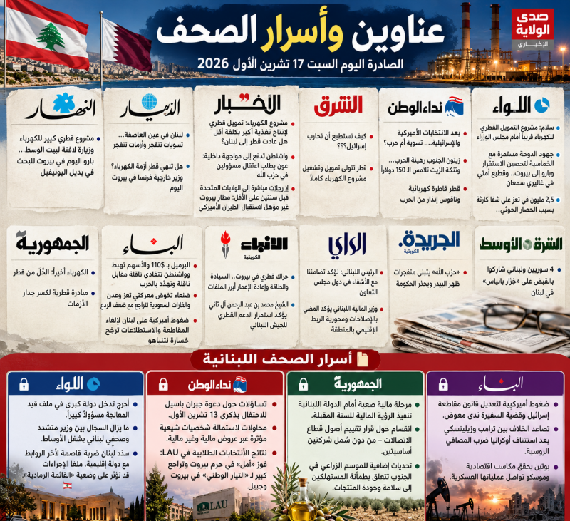 عناوين وأسرار الصحف اللبنانية والعربية اليوم السبت 17 تشرين الأول 2026 المبادرة القطرية للكهرباء  تت