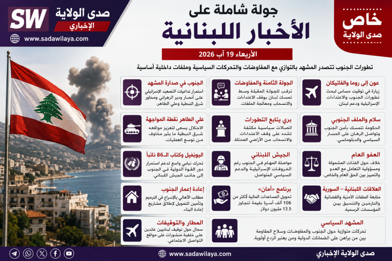 جولة شاملة على الأخبار اللبنانية اليوم 19 آب 2026 الجنوب وعلي الطاهر والمفاوضات واليونيفيل جولة شاملة على الأخبار اللبنانية اليوم 19 آب 2026 الجنوب وعلي الطاهر والمفاوضات واليونيفيل