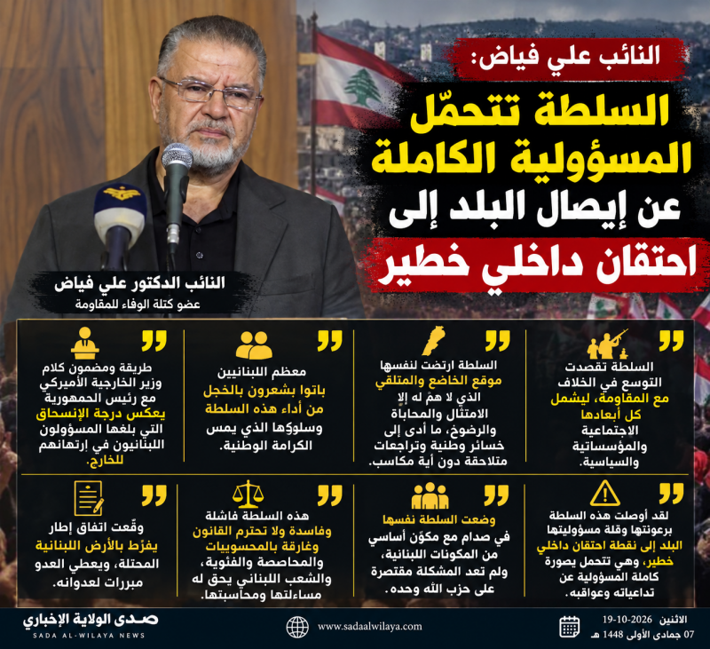 علي فياض من النبطية السلطة تدفع لبنان نحو احتقان داخلي خطير وتتحمل كامل المسؤولية عن تداعياته علي فياض من النبطية السلطة تدفع لبنان نحو احتقان داخلي خطير وتتحمل كامل المسؤولية عن تداعياته