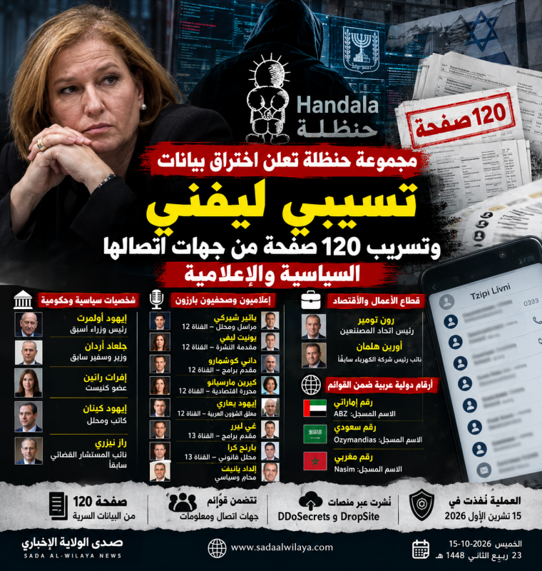 مجموعة حنظلة تعلن اختراق بيانات تسيبي ليفني وتسريب 120 صفحة من جهات اتصالها السياسية والإعلامية مجموعة حنظلة تعلن اختراق بيانات تسيبي ليفني وتسريب 120 صفحة من جهات اتصالها السياسية والإعلامية