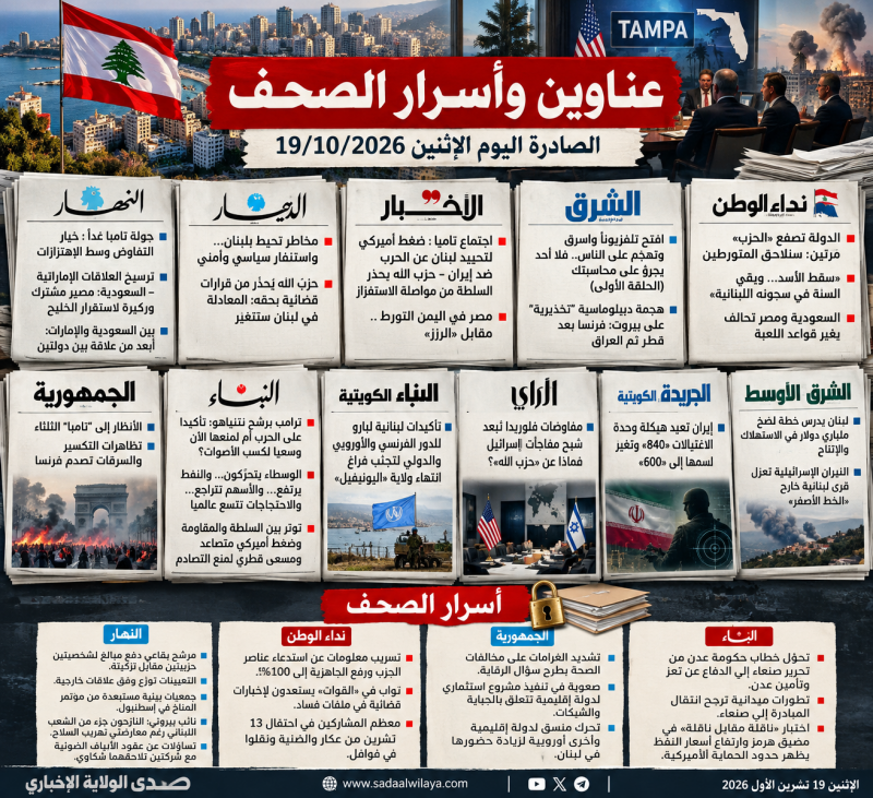 عناوين وأسرار الصحف اللبنانية والعربية اليوم اجتماع تامبا والتصعيد في لبنان يتصدران المشهد