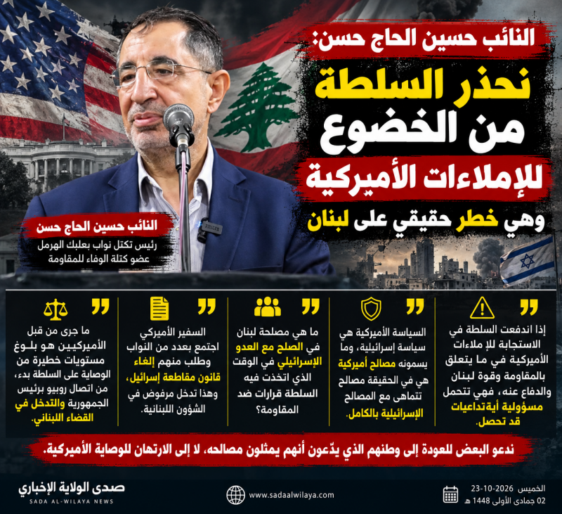 حسين الحاج حسن يحذّر السلطة من الإملاءات الأميركية المساس بالمقاومة وقوة لبنان يرتّب تداعيات خطيرة حسين الحاج حسن يحذّر السلطة من الإملاءات الأميركية المساس بالمقاومة وقوة لبنان يرتّب تداعيات خطيرة