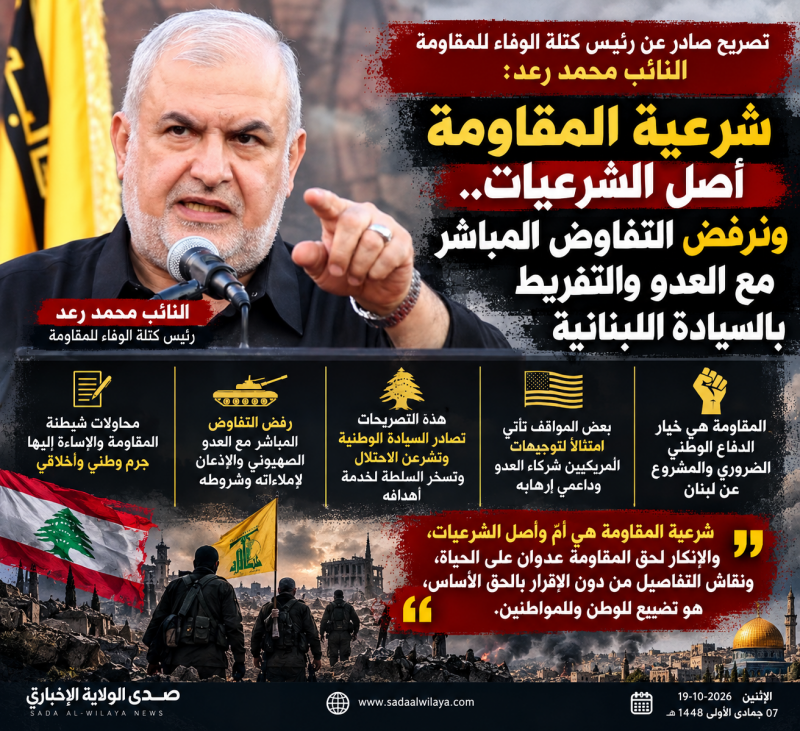 رعد شرعية المقاومة أصل الشرعيات ونرفض التفاوض المباشر مع العدو والتفريط بالسيادة اللبنانية رعد شرعية المقاومة أصل الشرعيات ونرفض التفاوض المباشر مع العدو والتفريط بالسيادة اللبنانية
