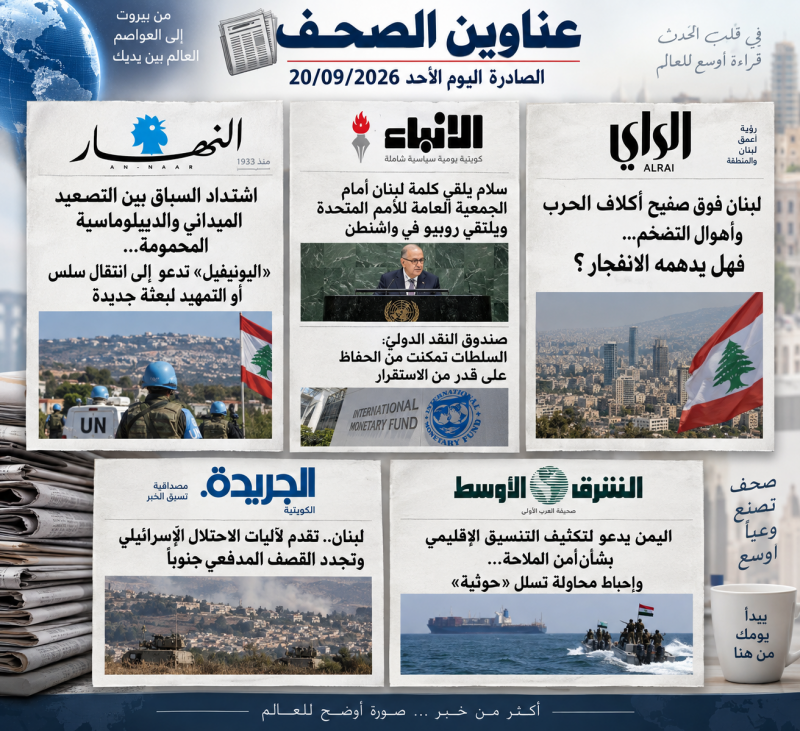 عناوين الصحف الصادرة اليوم الأحد 20 أيلول 2026 عناوين الصحف الصادرة اليوم الأحد 20 أيلول 2026