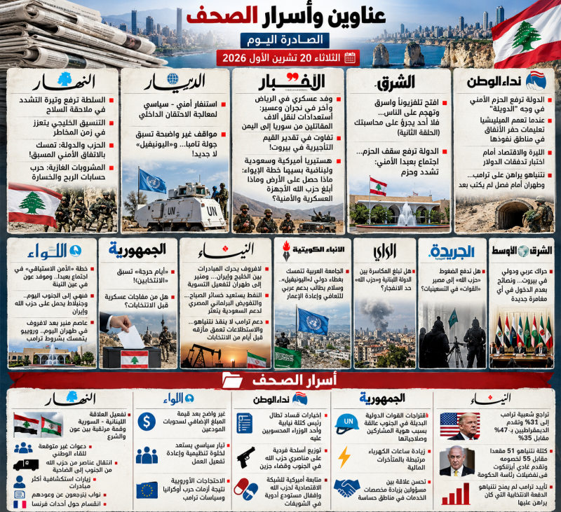 عناوين وأسرار الصحف اللبنانية والعربية الثلاثاء 20 تشرين الأول 2026 تشدد أمني في لبنان وتصعيد سياسي 