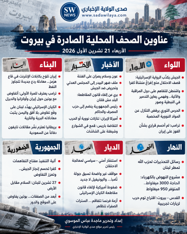 عناوين الصحف المحلية الصادرة في بيروت اليوم الأربعاء 21 تشرين الاول 2026