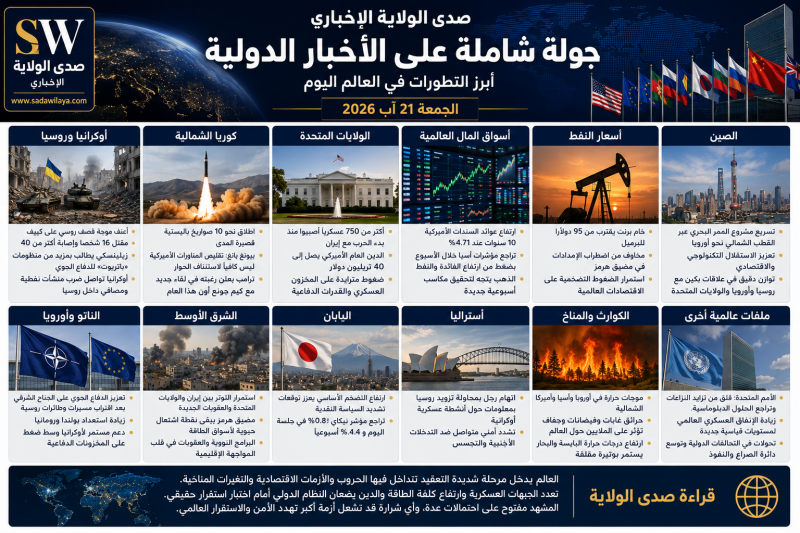 العالم اليوم 21 آب 2026 تصعيد أوكرانيا وكوريا الشمالية وضغوط الأسواق في صدارة الأخبار الدولية