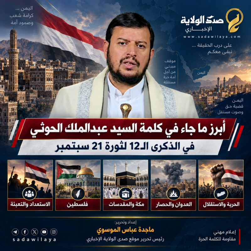 أبرز ما جاء في كلمة قائد أنصار الله السيد عبدالملك الحوثي بمناسبة الذكرى الـ12 لثورة 21 سبتمبر