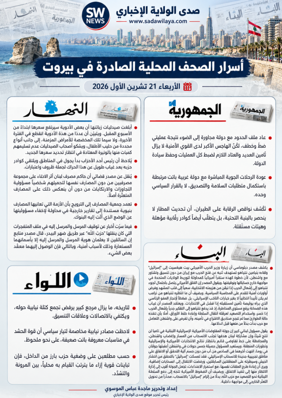 أسرار الصحف المحلية الصادرة في بيروت اليوم الأربعاء 21 تشرين الاول 2026