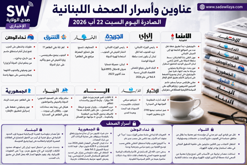 عناوين وأسرار الصحف اللبنانية الصادرة اليوم السبت 22 آب 2026